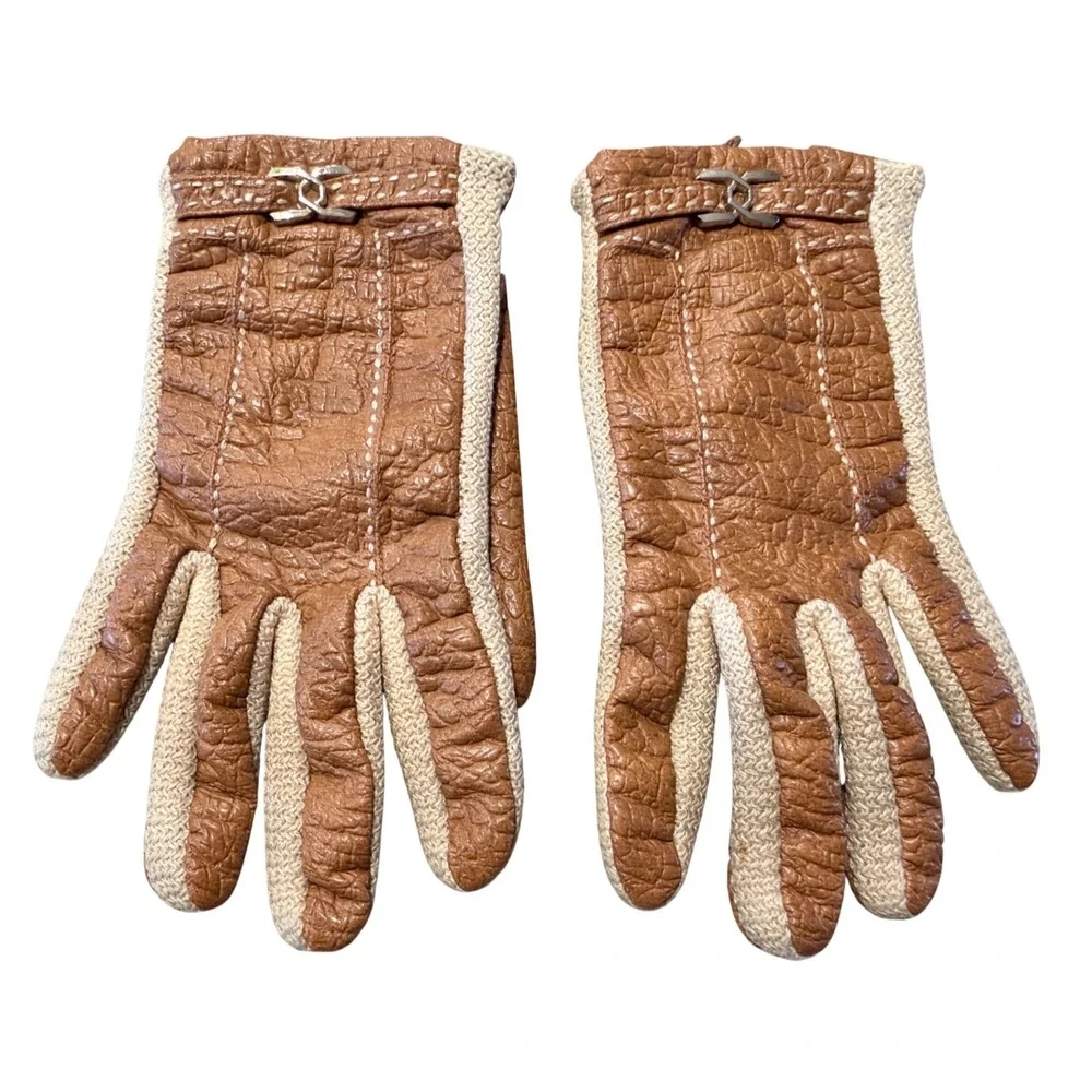Vintage Aris Snuggler Women's Gloves Size L Brown Textured Leather Knit‎ Trim